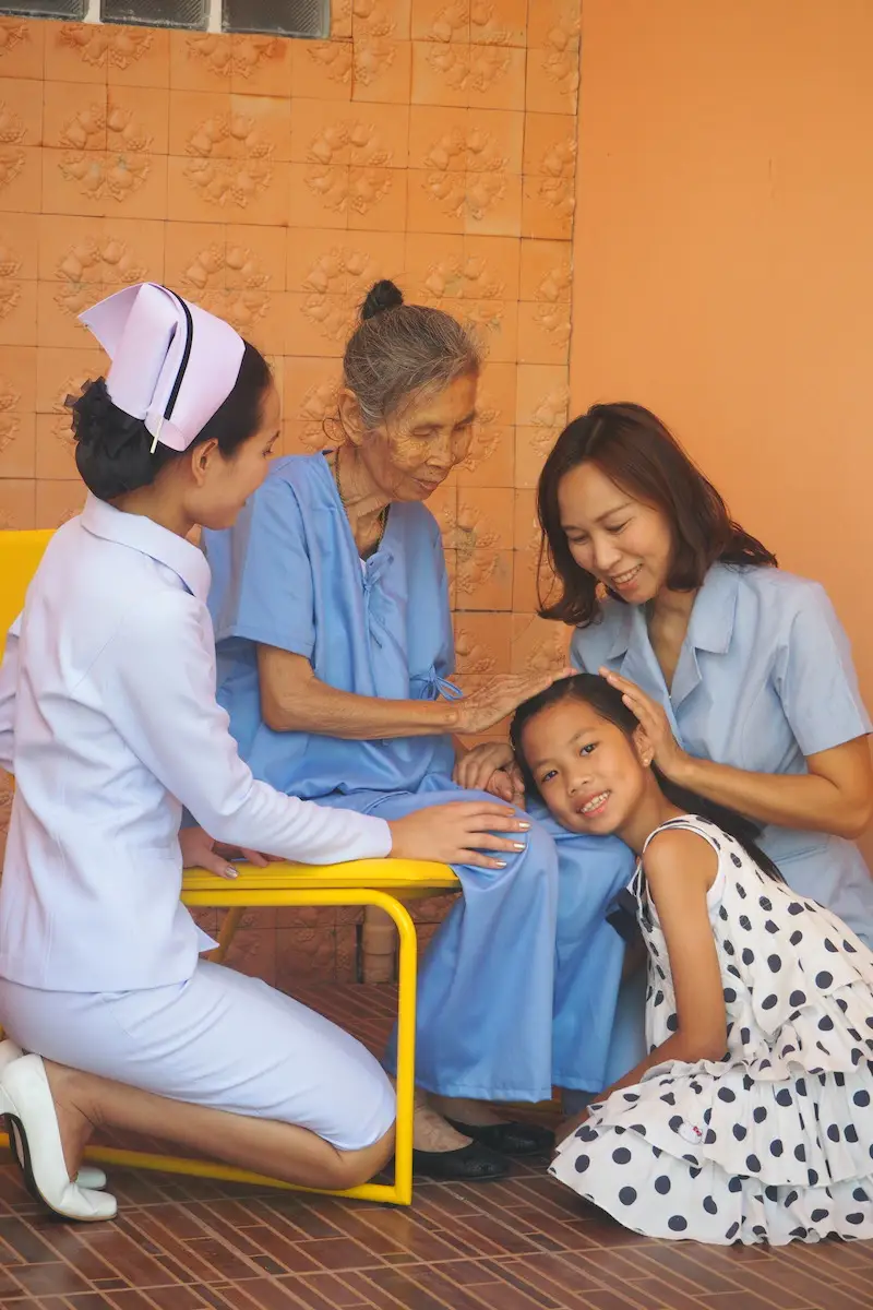 Residents enjoying an activity with family and care staff